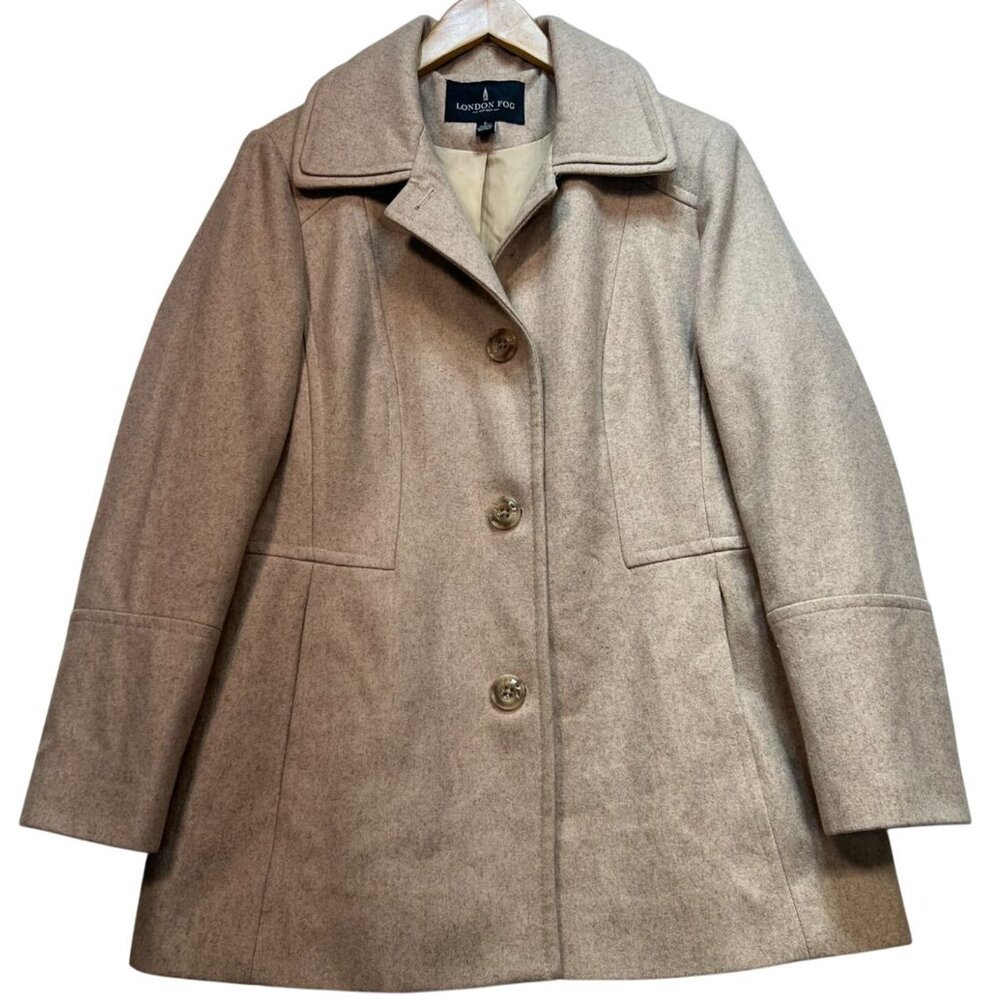 London Fog Women's Wool Blend Button Front Peacoat Long Sleeve Size Large Tan